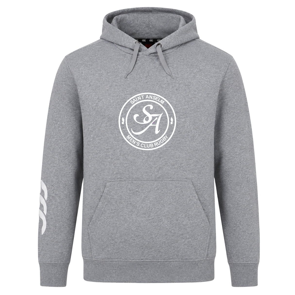 The WRS Canterbury Saint Anselm College Club Rugby Hoodie is a gray hooded sweatshirt with a front pocket, circular "Saint Anselm Men's Club Rugby" chest logo, and a white design on the right sleeve.