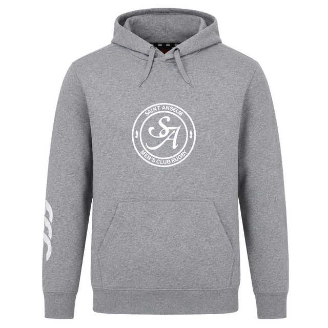 The WRS Canterbury Saint Anselm College Club Rugby Hoodie is a gray hooded sweatshirt with a front pocket, circular "Saint Anselm Men's Club Rugby" chest logo, and a white design on the right sleeve.