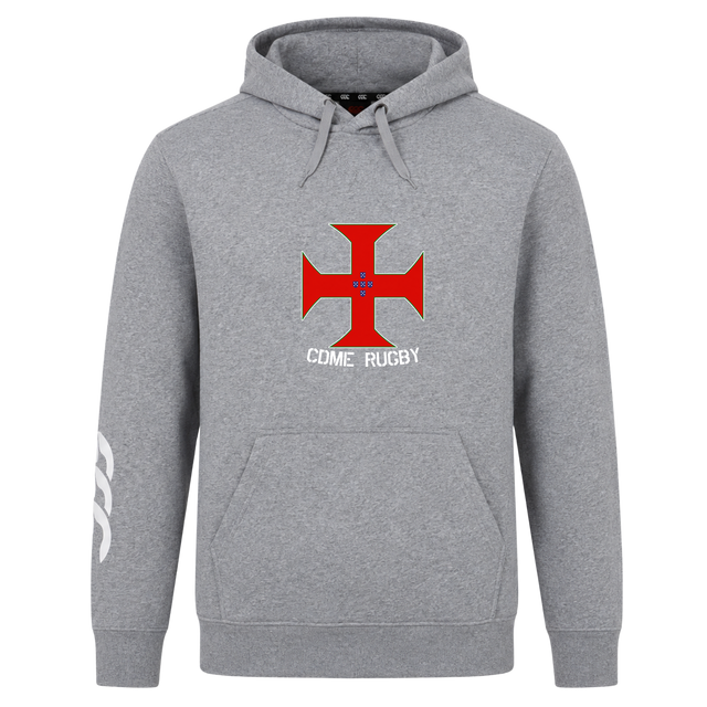 Show your club pride in the SF CDME Rugby Club Hoodie by WRS Canterbury, featuring a front kangaroo pocket, red cross emblem and "CDME RUGBY" text on the chest, plus a white logo on the left sleeve—delivering team spirit and comfort from Canterbury.