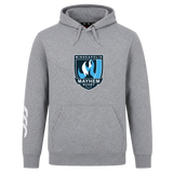 The Minneapolis Mayhem Rugby Club Hoodie by Canterbury from WRS Canterbury features a gray design with a front pocket, the Minneapolis Mayhem Rugby logo on the chest, and a white graphic on the left sleeve. This custom hoodie blends classic style and team spirit, making it ideal for showing your support both on and off the field.
