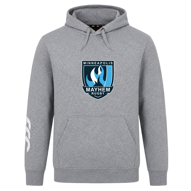 The Minneapolis Mayhem Rugby Club Hoodie by Canterbury from WRS Canterbury features a gray design with a front pocket, the Minneapolis Mayhem Rugby logo on the chest, and a white graphic on the left sleeve. This custom hoodie blends classic style and team spirit, making it ideal for showing your support both on and off the field.