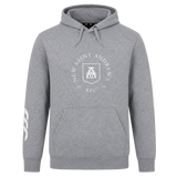 Introducing the New Saint Andrews College Club Hoodie by Canterbury from WRS Canterbury—a gray hooded sweatshirt with a front pocket, inspired by classic rugby club designs. It features “New Saint Andrews RFC 1994” and a crest on the chest, plus a white graphic on the left sleeve.