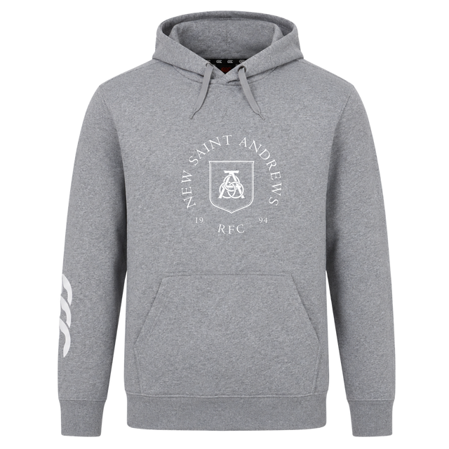 Introducing the New Saint Andrews College Club Hoodie by Canterbury from WRS Canterbury—a gray hooded sweatshirt with a front pocket, inspired by classic rugby club designs. It features “New Saint Andrews RFC 1994” and a crest on the chest, plus a white graphic on the left sleeve.