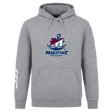 Grey SUNY Maritime Men’s Rugby Club Hoodie by Canterbury featuring a “Maritime Rugby” logo with a large letter M and an anchor icon on the chest.