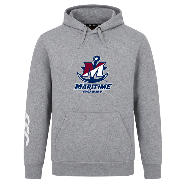 Grey SUNY Maritime Men’s Rugby Club Hoodie by Canterbury featuring a “Maritime Rugby” logo with a large letter M and an anchor icon on the chest.