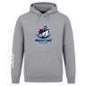 Grey SUNY Maritime Men’s Rugby Club Hoodie by Canterbury featuring a “Maritime Rugby” logo with a large letter M and an anchor icon on the chest.