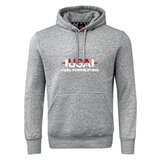 The USA Para Powerlifting Club Hoodie by WRS Canterbury features "USA Para Powerlifting" and a red and white barbell graphic on the front—a sporty, customizable hoodie for fans and athletes.