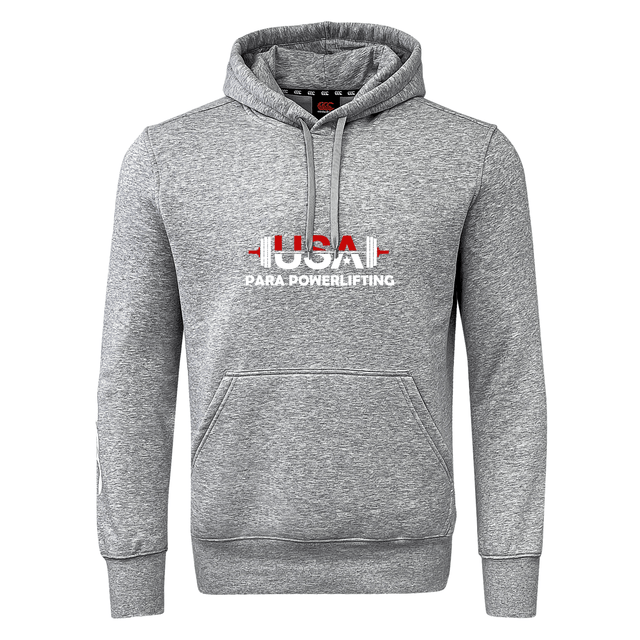 The USA Para Powerlifting Club Hoodie by WRS Canterbury features "USA Para Powerlifting" and a red and white barbell graphic on the front—a sporty, customizable hoodie for fans and athletes.
