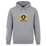 The Old Man Rivah Rugby Club Hoodie by WRS Canterbury features a gray custom design with a lion crest, "OLD MAN RIVALRY" and "BOUT OUR CHUBS" on the front, plus white curved stripes on the right sleeve for classic rugby style.