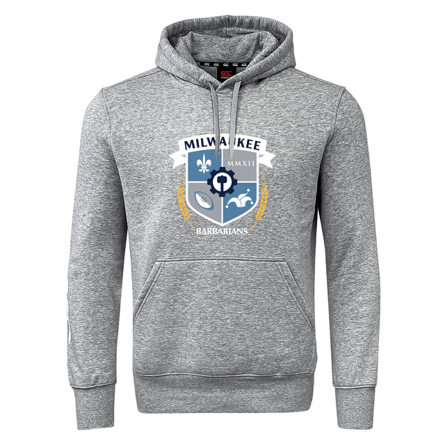 The Milwaukee Barbarians Rugby Club Hoodie by WRS Canterbury is a gray hooded sweatshirt with a front pocket and printed crest design featuring "Milwaukee Barbarians" and club symbols on the chest.