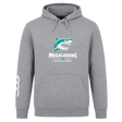 The NC Rugby Academy - Megalodons Club Hoodie by WRS Canterbury features a stylized shark logo and "Megalodons NC Rugby Academy" text, plus a white left sleeve graphic—ideal for rugby fans and players.