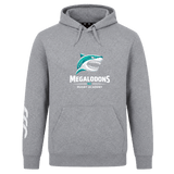 The NC Rugby Academy - Megalodons Club Hoodie by WRS Canterbury features a stylized shark logo and "Megalodons NC Rugby Academy" text, plus a white left sleeve graphic—ideal for rugby fans and players.