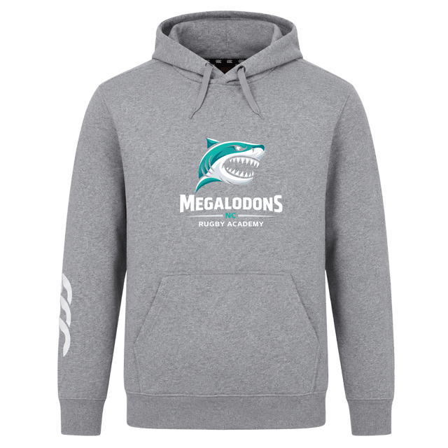 The NC Rugby Academy - Megalodons Club Hoodie by WRS Canterbury features a stylized shark logo and "Megalodons NC Rugby Academy" text, plus a white left sleeve graphic—ideal for rugby fans and players.