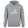 The NC Rugby Academy - Megalodons Club Hoodie by WRS Canterbury features a stylized shark logo and "Megalodons NC Rugby Academy" text, plus a white left sleeve graphic—ideal for rugby fans and players.