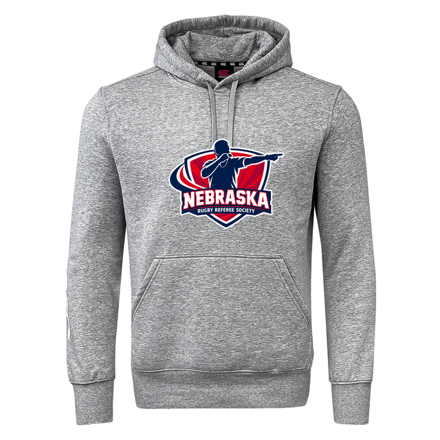 The Nebraska Rugby Referee Society Club Hoodie by Canterbury from WRS Canterbury features a front pocket and logo with a referee silhouette—perfect for rugby club style and comfort.