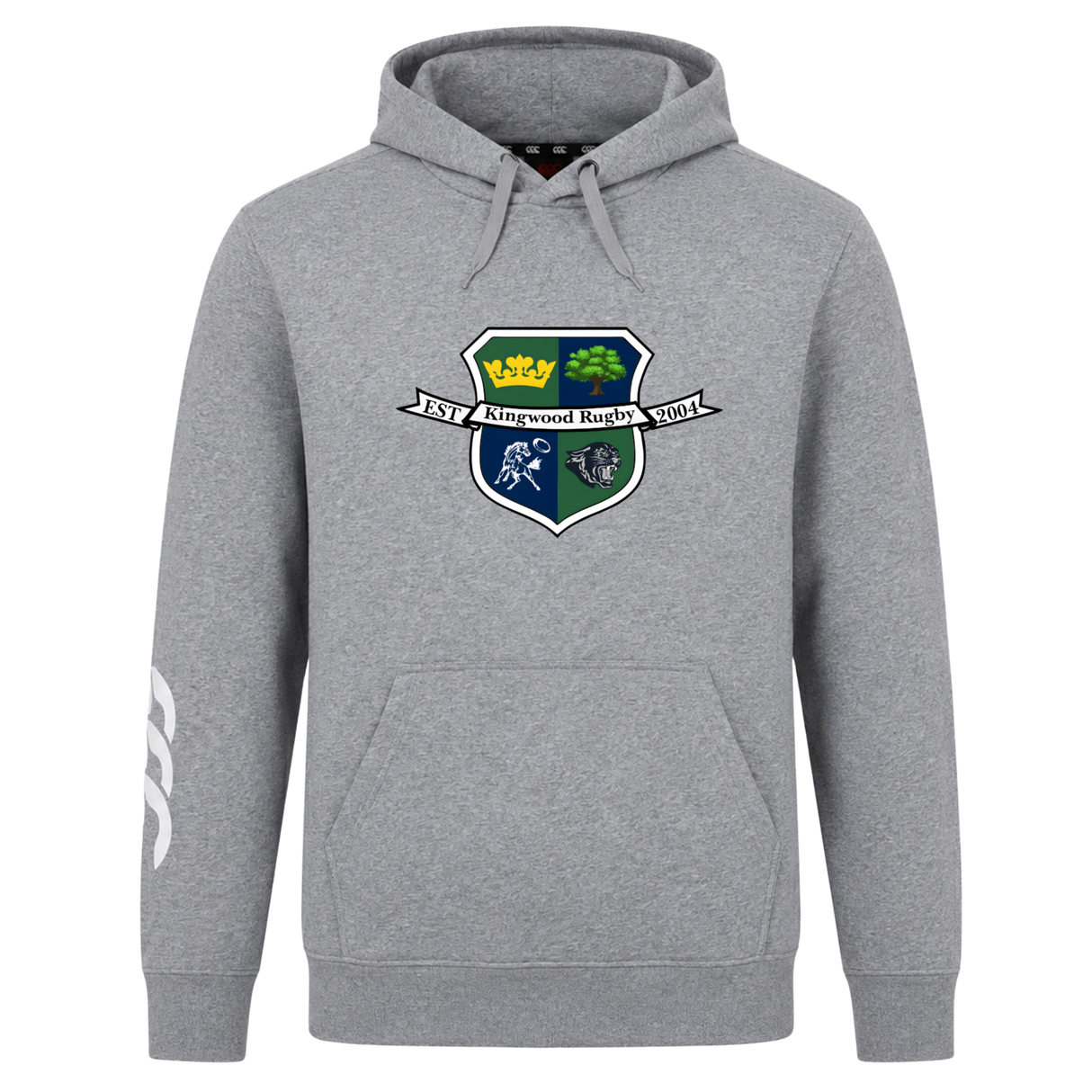 The Kingwood Rugby Club Hoodie by Canterbury from WRS Canterbury features a front pocket, "Kingwood Rugby" crest with "Est. 2014" on the chest, a white graphic on the right sleeve, and is made from soft sweatshirt fleece.