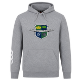 The Kingwood Rugby Club Hoodie by Canterbury from WRS Canterbury features a front pocket, "Kingwood Rugby" crest with "Est. 2014" on the chest, a white graphic on the right sleeve, and is made from soft sweatshirt fleece.
