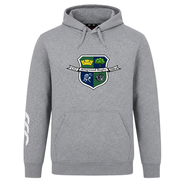 The Kingwood Rugby Club Hoodie by Canterbury from WRS Canterbury features a front pocket, "Kingwood Rugby" crest with "Est. 2014" on the chest, a white graphic on the right sleeve, and is made from soft sweatshirt fleece.