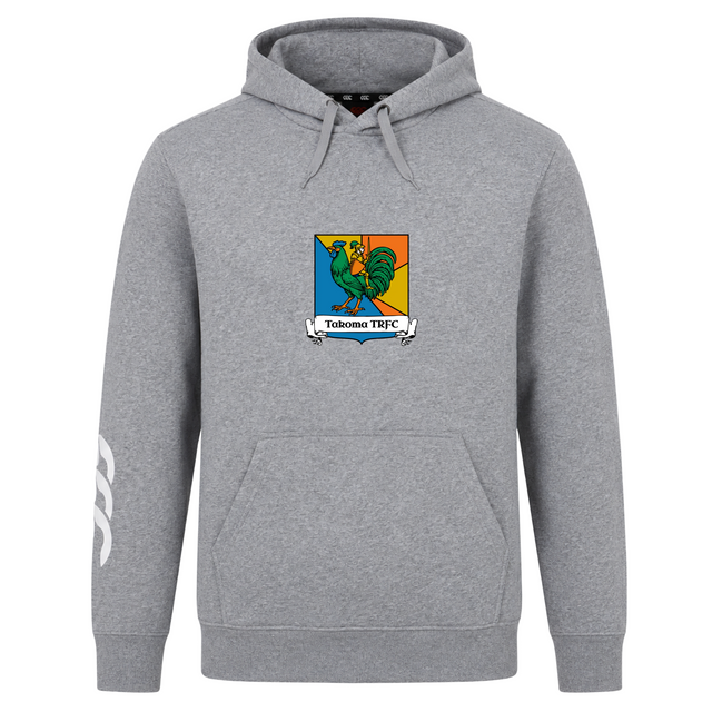 Gray Canterbury Takoma Touch Rugby Club Hoodie with a drawstring hood, front pouch pocket, green rooster emblem, and “Takoma TRFC” text on the chest.