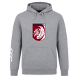 The Montgomery Bucks Griffins Club Hoodie by WRS Canterbury is a gray hoodie with a red and white lion crest, "MBRFC" on the chest, and a white left-sleeve graphic—ideal for true rugby fans.