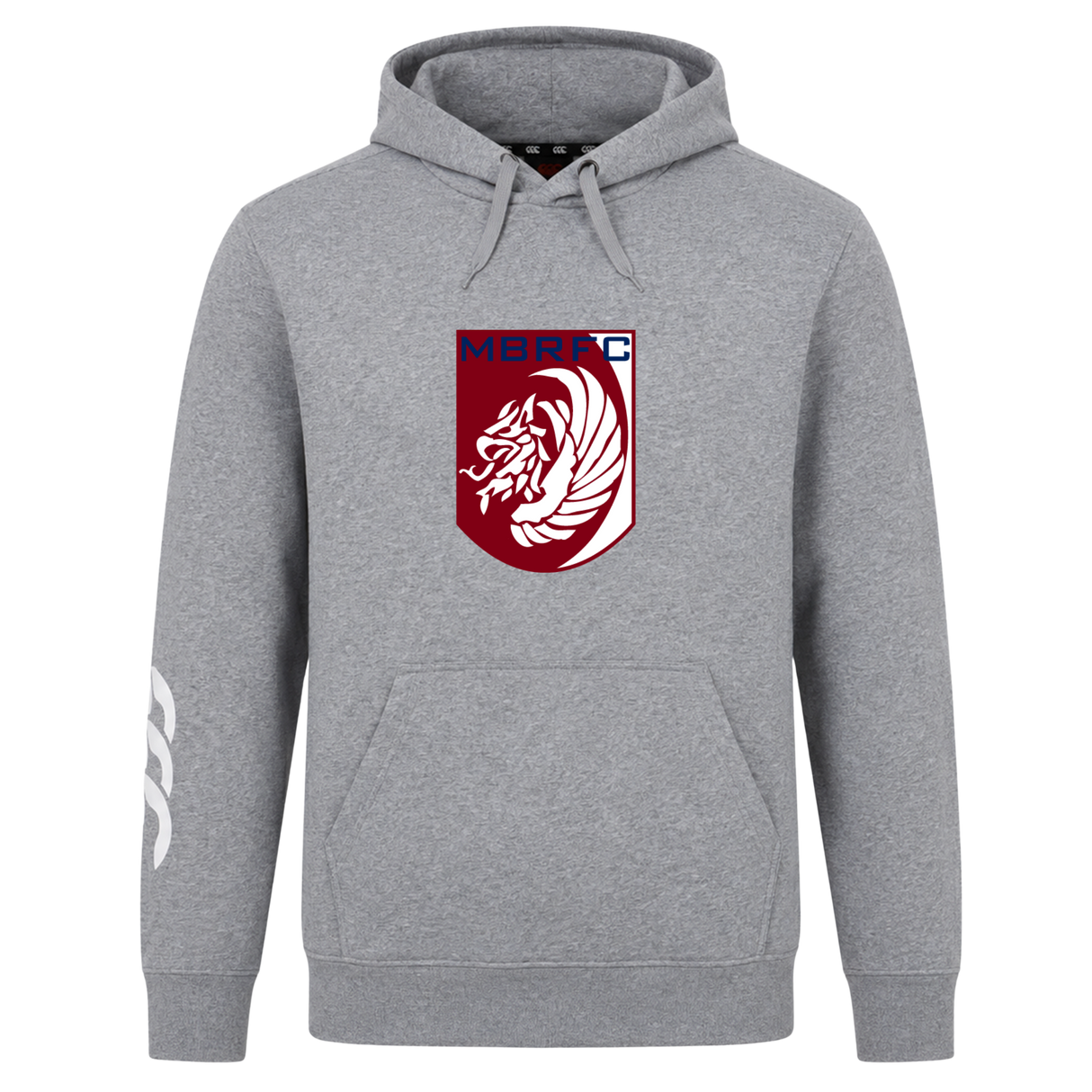 The Montgomery Bucks Griffins Club Hoodie by WRS Canterbury is a gray hoodie with a red and white lion crest, "MBRFC" on the chest, and a white left-sleeve graphic—ideal for true rugby fans.