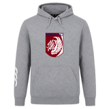 The Montgomery Bucks Griffins Club Hoodie by WRS Canterbury is a gray hoodie with a red and white lion crest, "MBRFC" on the chest, and a white left-sleeve graphic—ideal for true rugby fans.