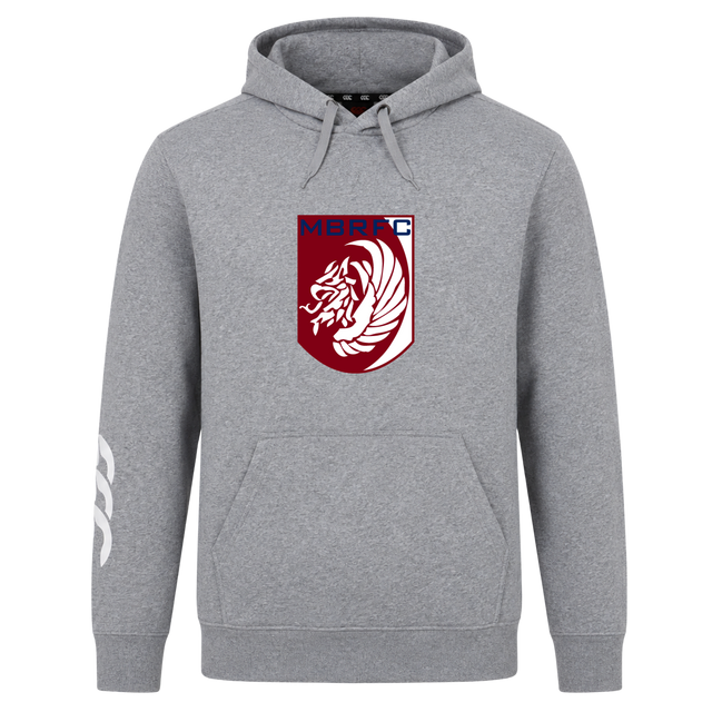 The Montgomery Bucks Griffins Club Hoodie by WRS Canterbury is a gray hoodie with a red and white lion crest, "MBRFC" on the chest, and a white left-sleeve graphic—ideal for true rugby fans.