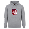 The Montgomery Bucks Griffins Club Hoodie by WRS Canterbury is a gray hoodie with a red and white lion crest, "MBRFC" on the chest, and a white left-sleeve graphic—ideal for true rugby fans.
