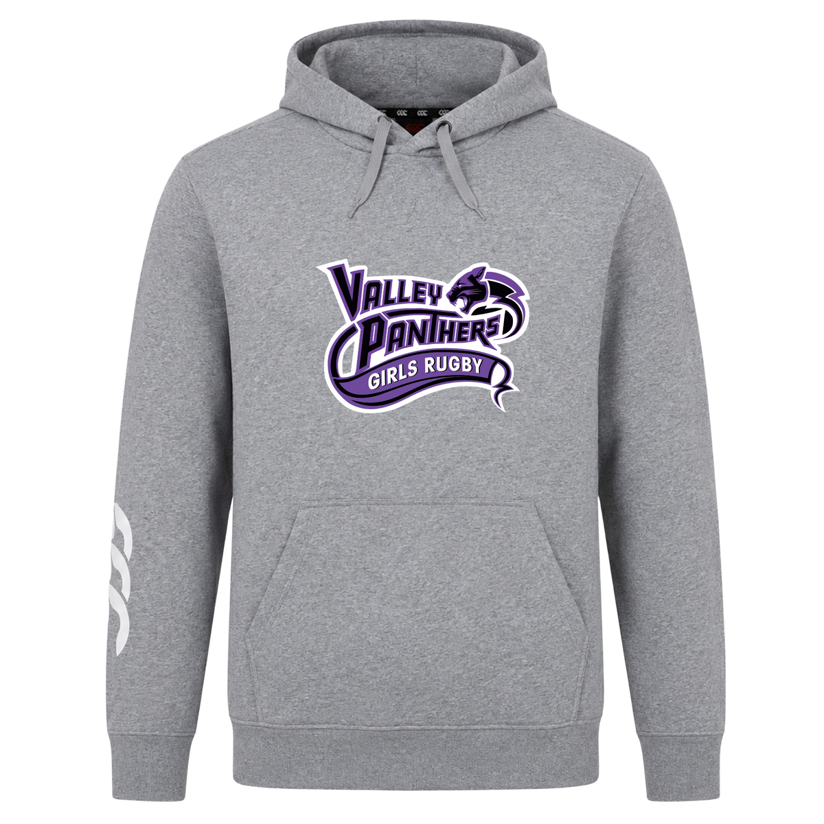 The Valley Panthers Girls Rugby Club Hoodie by WRS Canterbury is crafted from soft sweatshirt fleece for comfort and warmth. This gray hoodie features a front pocket, a “Valley Panthers Girls Rugby” logo in purple and white on the chest, and a white graphic on the left sleeve.