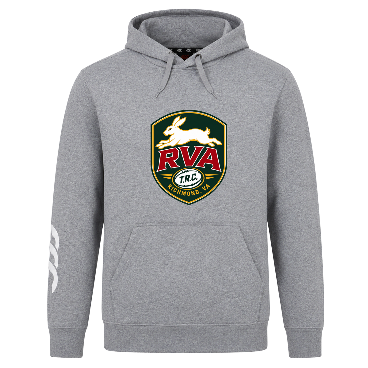 Introducing the RVA T.R.C. Club Hoodie by Canterbury from WRS Canterbury—a gray hooded sweatshirt fleece featuring a striking RVA T.R.C. Richmond, VA logo with a white rabbit on the chest and a distinctive white wave design on the left sleeve, making it an ideal choice for your next custom hoodie or rugby club hoodie.