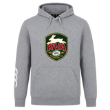 Introducing the RVA T.R.C. Club Hoodie by Canterbury from WRS Canterbury—a gray hooded sweatshirt fleece featuring a striking RVA T.R.C. Richmond, VA logo with a white rabbit on the chest and a distinctive white wave design on the left sleeve, making it an ideal choice for your next custom hoodie or rugby club hoodie.