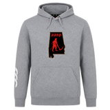 Aging Alabama Rugby Players Club Hoodie by WRS Canterbury featuring a graphic of the state of Alabama containing a red devil figure and the text “HARD.”.
