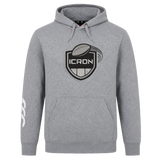 Grey ICRON Club Hoodie by Canterbury with a drawstring hood, front pouch pocket, and a black shield logo featuring a rugby ball and the text “ICRON” on the chest.