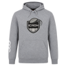 Grey ICRON Club Hoodie by Canterbury with a drawstring hood, front pouch pocket, and a black shield logo featuring a rugby ball and the text “ICRON” on the chest.