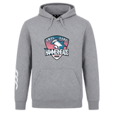 The SWFL Lady Hammerheads Club Hoodie by Canterbury, from WRS Canterbury, features a gray design with the "SWPL Lady Hammerheads Rugby" logo and a hammerhead shark holding a rugby ball on the front.