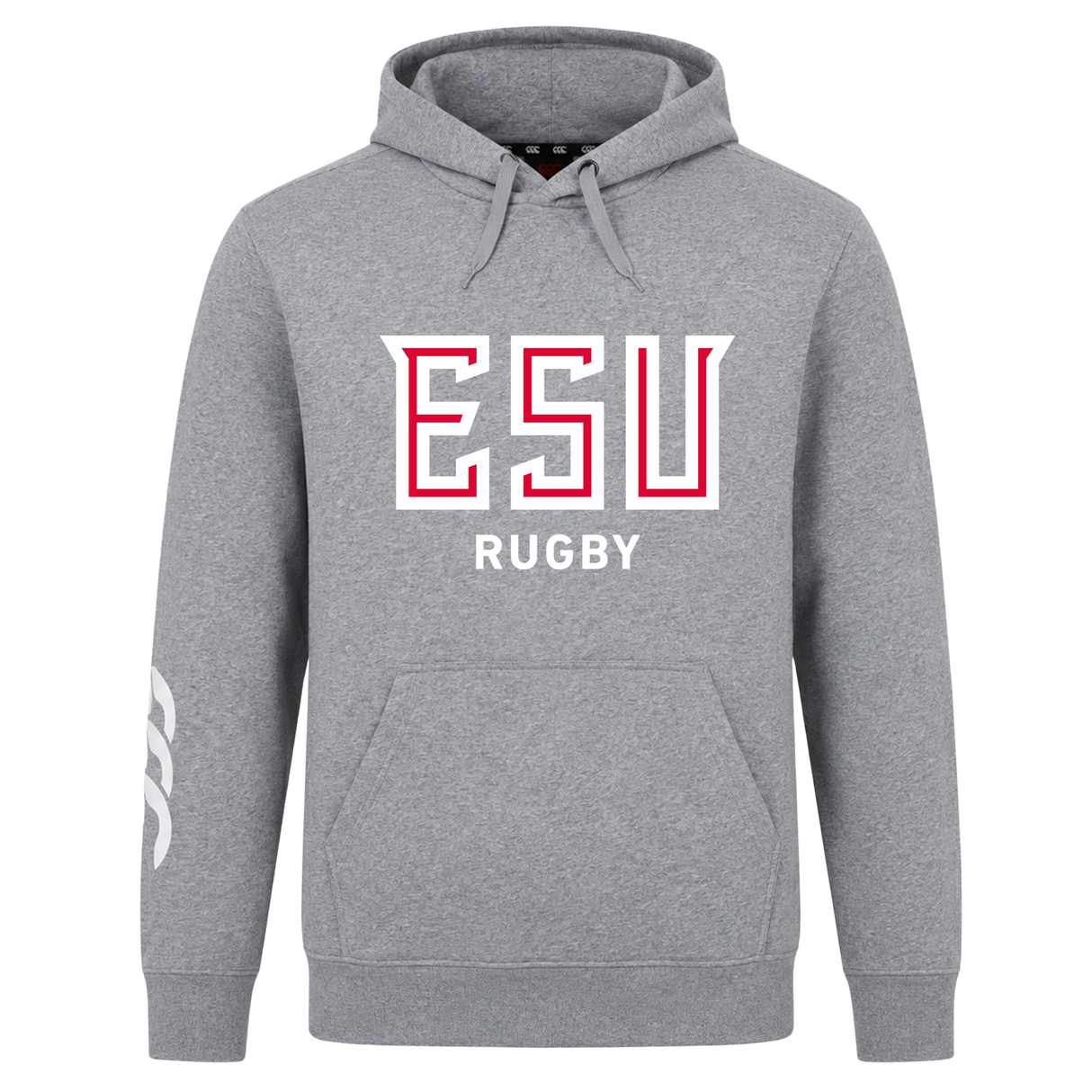 The East Stroudsburg University Club Hoodie by WRS Canterbury features "ESU RUGBY" in white and red on the front and a white sleeve graphic—ideal for showing your club pride.