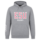 The East Stroudsburg University Club Hoodie by WRS Canterbury features "ESU RUGBY" in white and red on the front and a white sleeve graphic—ideal for showing your club pride.