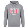 The East Stroudsburg University Club Hoodie by WRS Canterbury features "ESU RUGBY" in white and red on the front and a white sleeve graphic—ideal for showing your club pride.
