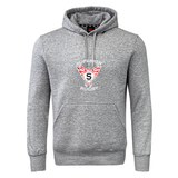 The Superior Rugby Club Club Hoodie by WRS Canterbury features a gray design, kangaroo pocket, and "Superior Rugby" logo with red wings and central "S"—ideal as a custom team hoodie for any rugby club.