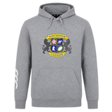 The Winchester Cannons Club Hoodie by WRS Canterbury features the club crest with sports icons and two lions on the front, plus a white sleeve graphic—offering standout rugby club style in classic gray.