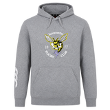 The Hornets Rugby Club 1977 Club Hoodie by Canterbury from WRS Canterbury is a gray hoodie featuring a printed hornet graphic and "Hornets Rugby Club 1977" text across the chest, with three white stripes on the right sleeve—an ideal addition to any rugby club hoodie collection.