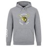 The Hornets Rugby Club 1977 Club Hoodie by Canterbury from WRS Canterbury is a gray hoodie featuring a printed hornet graphic and "Hornets Rugby Club 1977" text across the chest, with three white stripes on the right sleeve—an ideal addition to any rugby club hoodie collection.