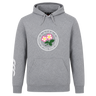 The Society of Iowa Rugby Referees Club Hoodie by Canterbury from WRS Canterbury is a gray hooded sweatshirt with a front pocket, featuring a circular emblem with pink flowers and text, plus a white logo on the right sleeve—a stylish and comfortable customizable hoodie, perfect for fans seeking a unique Rugby Club Hoodie.