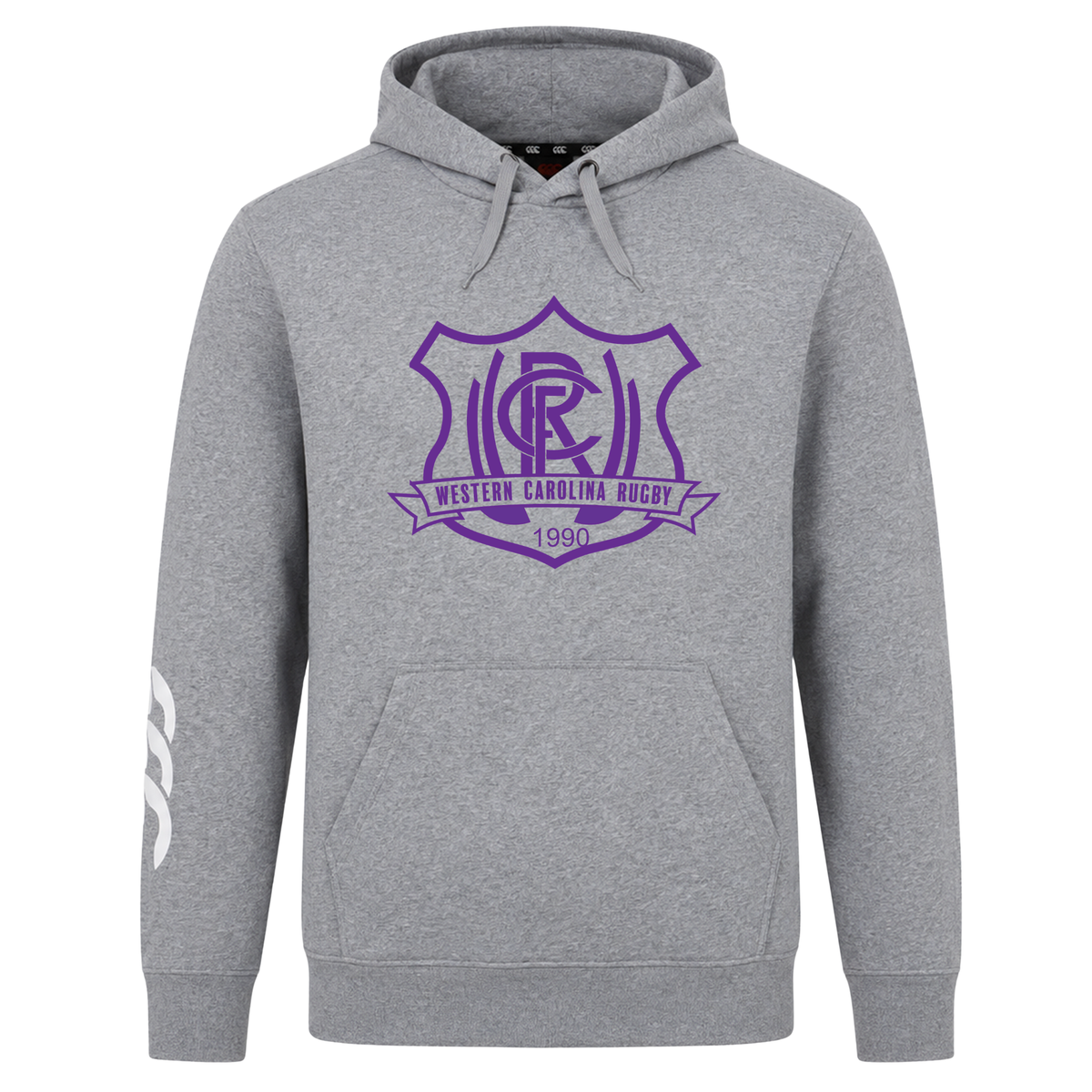 Grey Western Carolina University Club Hoodie by Canterbury with a purple shield logo on the chest and a white logo on the sleeve.