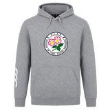 The Society of Iowa Rugby Referees Club Hoodie by Canterbury from WRS Canterbury is a gray rugby hoodie with a handy front pocket and white markings on the right sleeve. It showcases a distinctive round “Society of Iowa Rugby Enthusiasts” logo with two pink flowers, offering comfort and team spirit for dedicated fans.