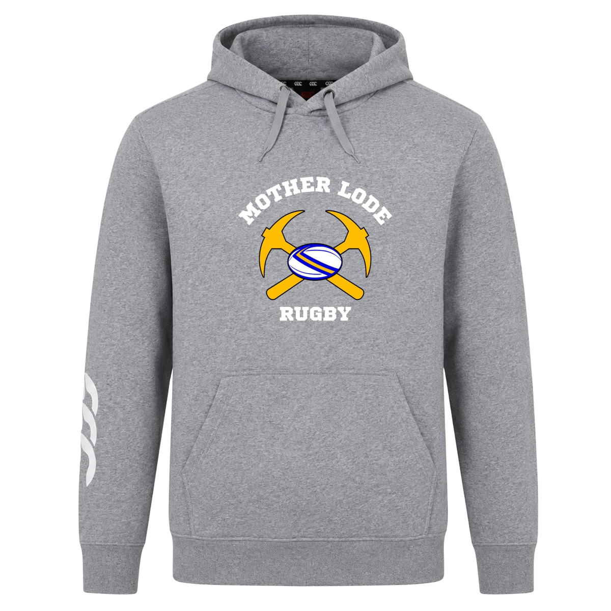 Gray Mother Lode Club Hoodie by Canterbury with a kangaroo pocket and an emblem of crossed gold pickaxes behind a rugby ball.