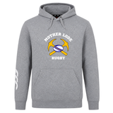 Gray Mother Lode Club Hoodie by Canterbury with a kangaroo pocket and an emblem of crossed gold pickaxes behind a rugby ball.