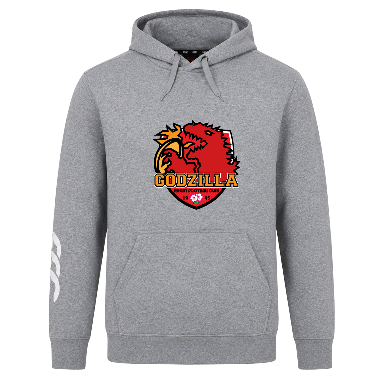 WRS Canterbury’s Godzilla Rugby Football Club Club Hoodie features a bold “Godzilla Soccer Football Club” logo in red, yellow, and black on the front, inspired by classic rugby club hoodie designs, and is finished with a distinctive white graphic detail on the left sleeve.