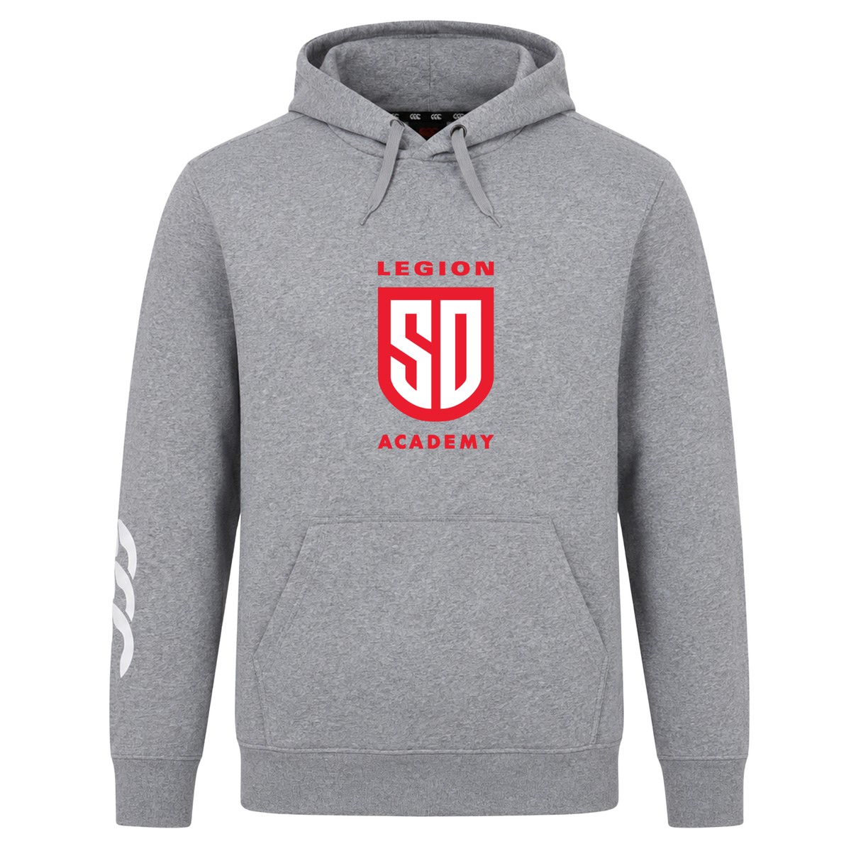 Gray Legion Academy Club Hoodie by Canterbury with a red and white “LEGION SD ACADEMY” emblem on the chest and a white logo on the right sleeve.
