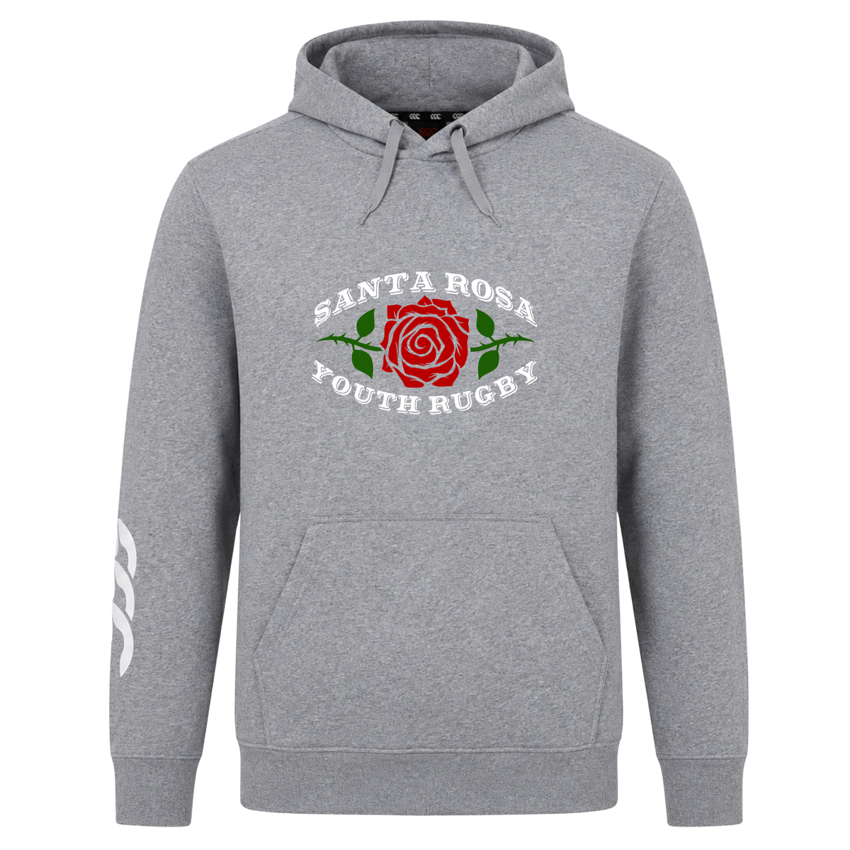 The Santa Rosa Youth Rugby Club Hoodie by Canterbury from WRS Canterbury is a gray hooded sweatshirt featuring a red rose and green leaves graphic. It has white “Santa Rosa Youth Rugby” text above and below the design, along with a white logo on the right sleeve—making it an ideal addition to any rugby club hoodie collection.